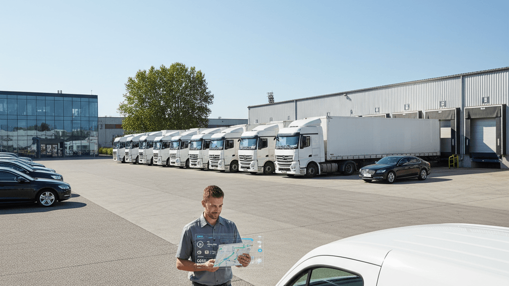 Imagen que representa la gestión de flotas de vehiculos con varios automóviles y camiones empresariales, un conductor revisando una tablet con datos de rutas y telemetría, simbolizando la optimización y seguridad de la flota