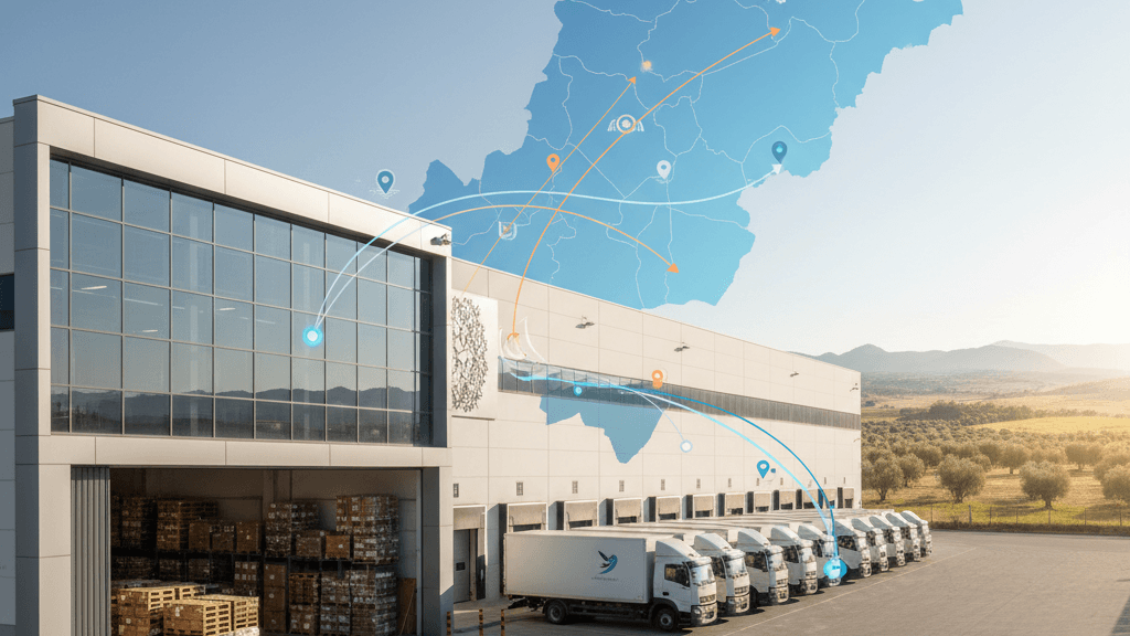 Imagen que representa la logística y distribución para negocios en Murcia, con almacenes, camiones y mapa regional, reflejando la eficiencia y tecnología en la cadena de suministro