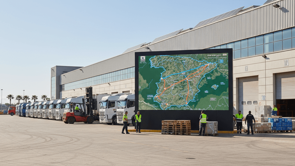 Imagen que muestra el servicio de logística y transporte en Murcia, con camiones, almacén y mapa de rutas, representando la eficiencia y rapidez del sector