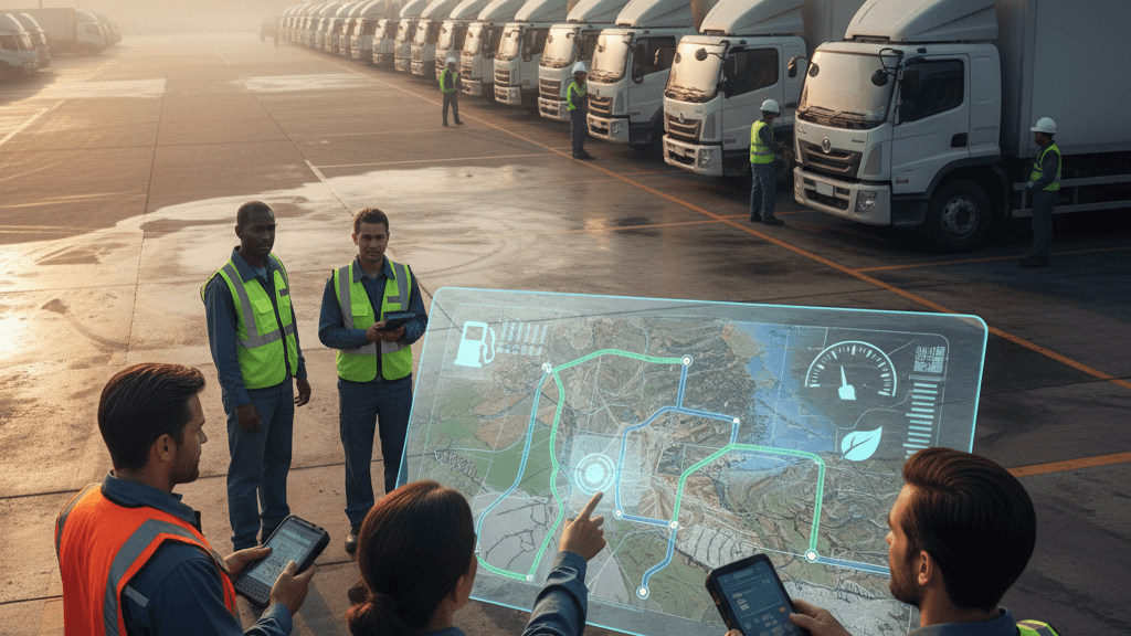 Optimización de rutas Mapa con rutas optimizadas y consumo de combustible reducido para una flota
