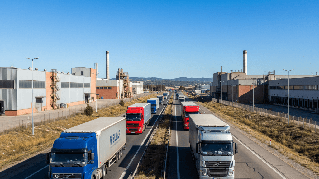 Transporte de camiones para empresas industriales en España: foto realista de varios camiones de carga circulando por una autopista española rodeada de instalaciones industriales