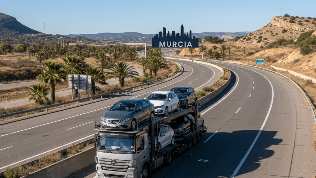 Vehículos cargados en plataforma, ilustrando el servicio de transporte de vehículos en Murcia