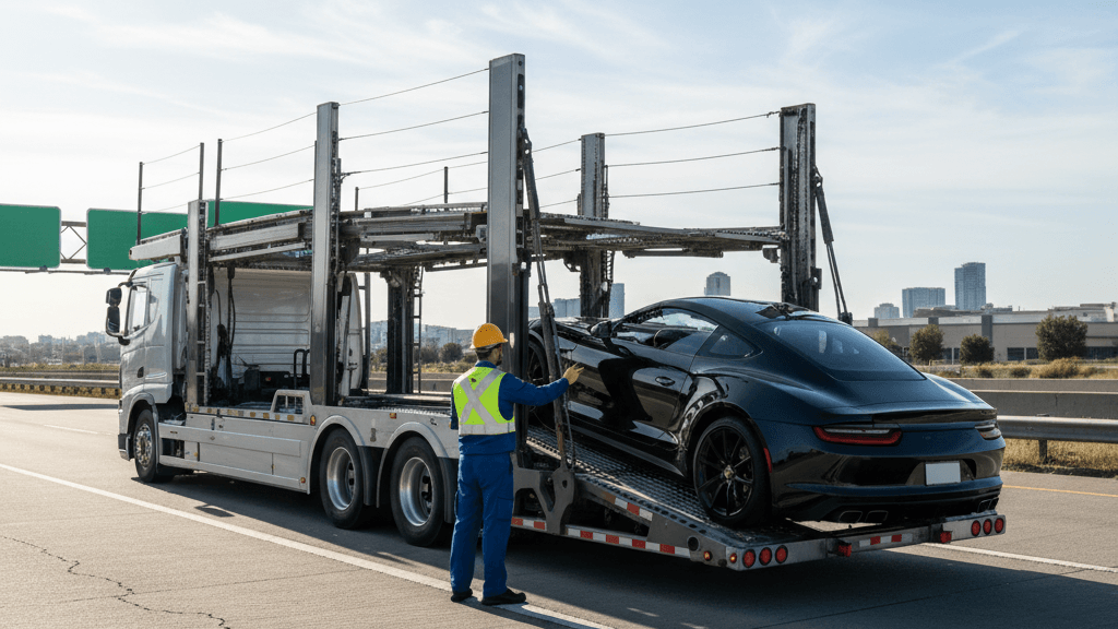 Fotografía que muestra el transporte de coches precio, con un camión especializado cargando un automóvil en una autopista, representando visualmente los costos y factores del servicio.