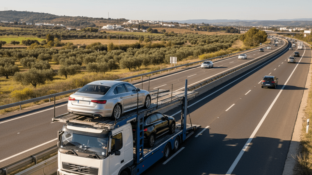 Imagen que ilustra cuánto cuesta transportar un coche en España con empresa de transporte, mostrando un camión de transporte de vehículos en una carretera española