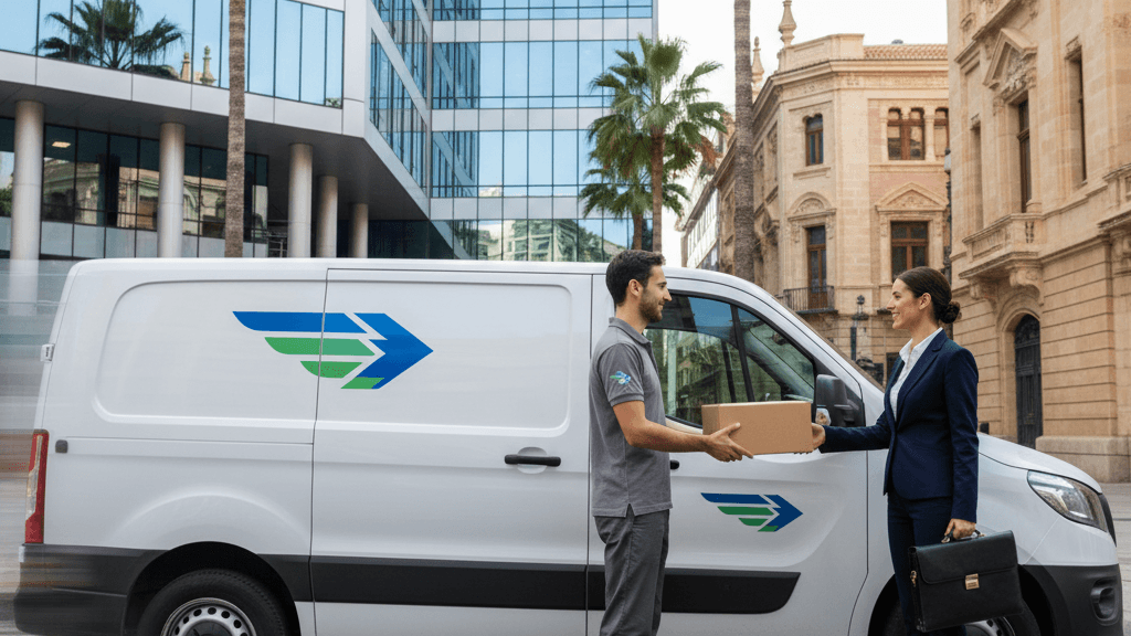 Camión de una empresa de transporte urgente en Murcia para empresas entregando paquetes a un edificio corporativo, demostrando rapidez, seguridad y trazabilidad en la logística empresarial.