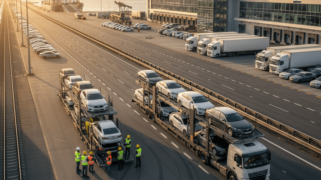 Proveedor logístico coordinando rutas y almacenes para el transporte de vehículos