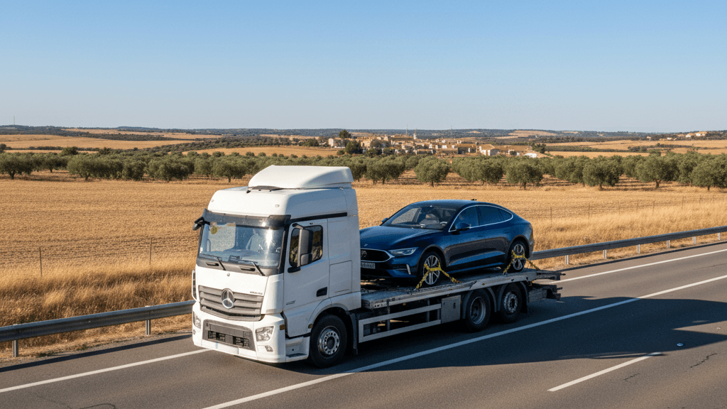 Transporte de coches nacional: proceso y ventajas Imagen que muestra un camión de transporte de coches nacional en una autopista española, con un coche asegurado en la plataforma, representando el servicio seguro y eficiente de traslado de vehículos dentro del país.