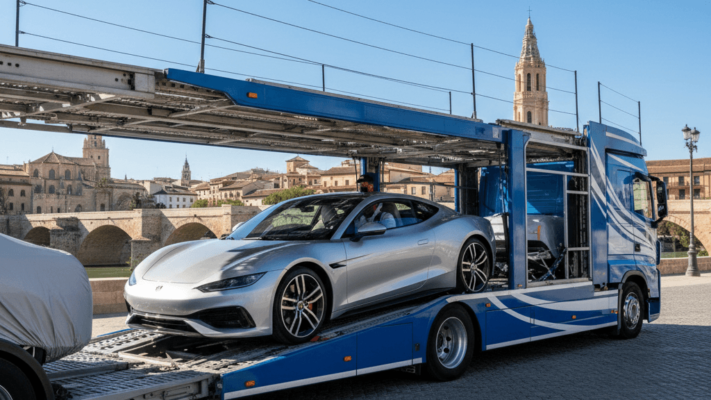 Imagen que muestra una empresa de transporte de vehículos en Murcia rápida y económica, con un camión cargando automóviles frente al horizonte de la ciudad, resaltando la rapidez y el bajo coste del servicio.
