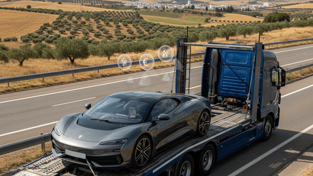 Imagen que ilustra cuánto cuesta transportar un coche en España, mostrando un coche sobre un camión de transporte en una carretera, con elementos que sugieren precios y opciones de envío