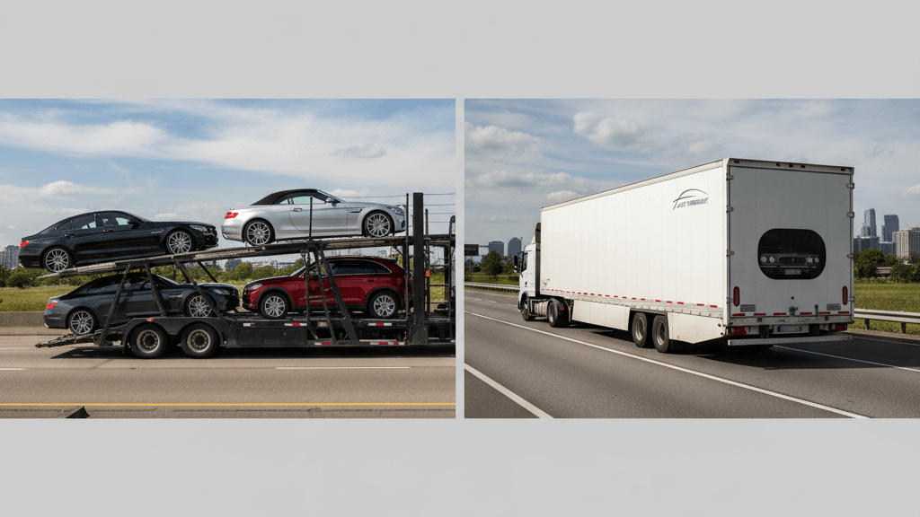 Comparativa visual entre transporte abierto y cerrado de vehículos, destacando ventajas y costos